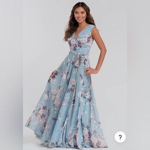 Kleinfeld Blue Floral Chiffon Bridesmaid Wedding Guest Dress